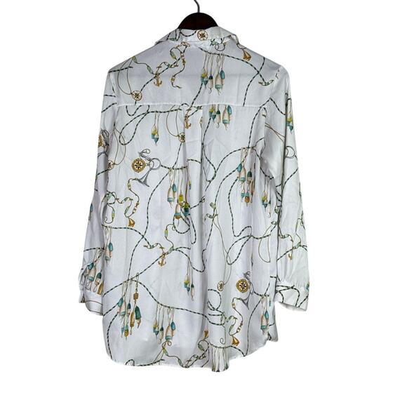 ZARA 90s Vintage Style Nautical Chain Print Silk Feel Blouse Button Up M White - Picture 5 of 14